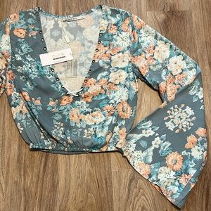 Aila Blue Kewarra Floral Boho Bell Sleeve Cropped Blouse